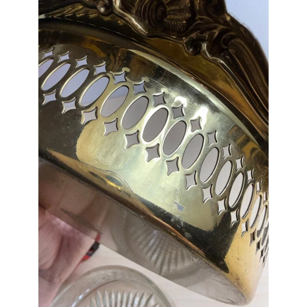 Vintage Brass Gallery Tray Ornate Floral Rim Starburst Cut Glass Insert